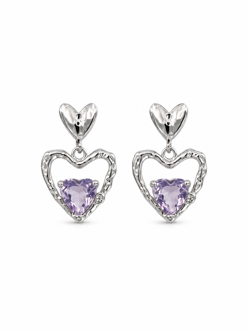 #E23 Amethyst Triple Heart Dangle Earrings